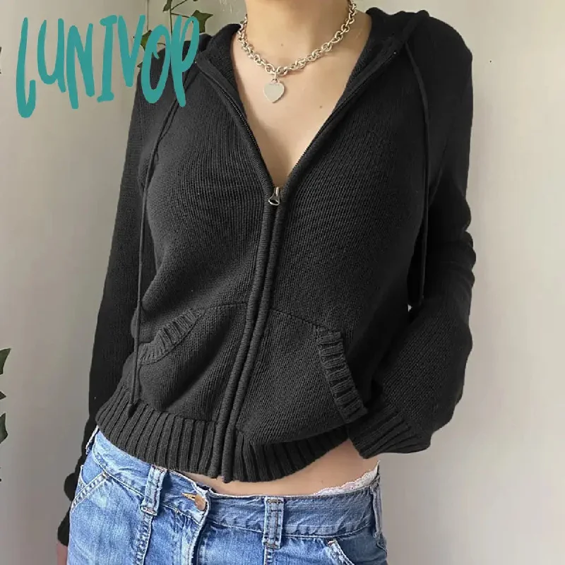 Lunivop Vintage Brown Y2K Hooded Sweaters Women Autumn Winter Lantern Sleeve Zip Up Jacket Cardigan Knitted Hoodies  Cropped Cardigan