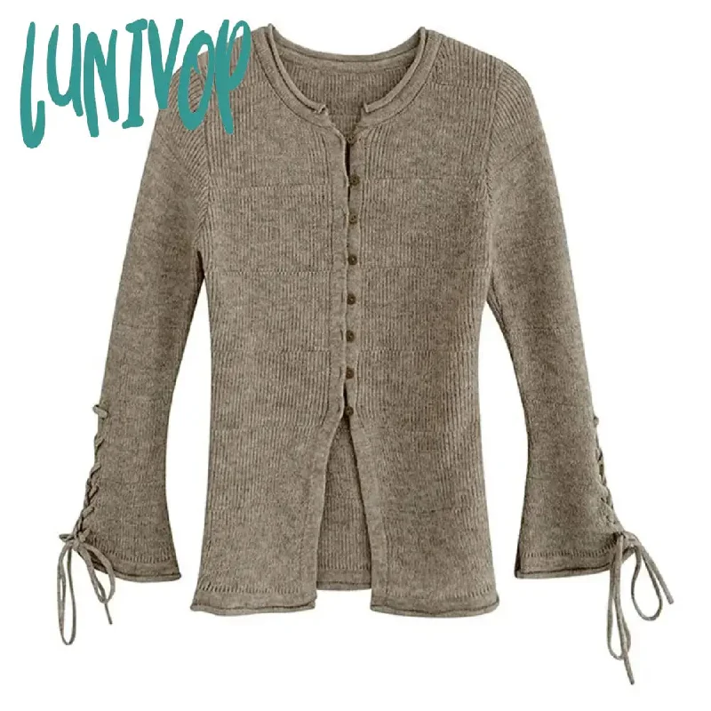 Lunivop Vintage Cropped Cardigan Women Korean Fashion Aesthetic Knitwears Female Round Neck Knitted Sweater Long Sleeve Tops