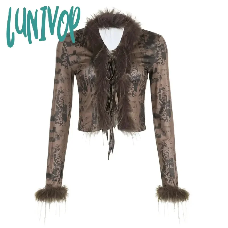 Lunivop Vintage Fur Collar V Neck Cropped Cardigan Women Sexy Bandage Sweater Fashion Hot Girls Y2k Tops Slim Fit Long Sleeve Sweaters