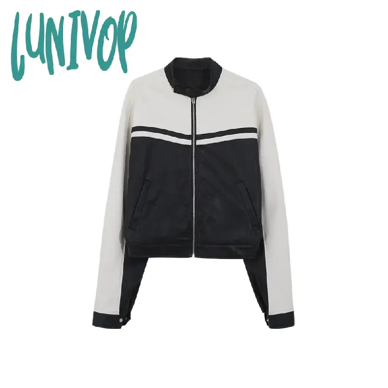 Lunivop Vintage Zip Up Leather Jacket for Women Harajuku Streetwear Grunge PU Bomber Jacket Black White Casual Crop Coat Autumn