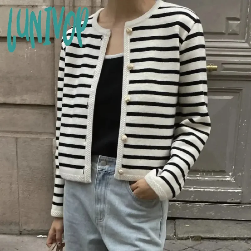 Lunivop Women Casual Striped Sweater Winter Fashion Single Breasted Knit Short Cardigan Female Elegant O-neck Pullover Sweater