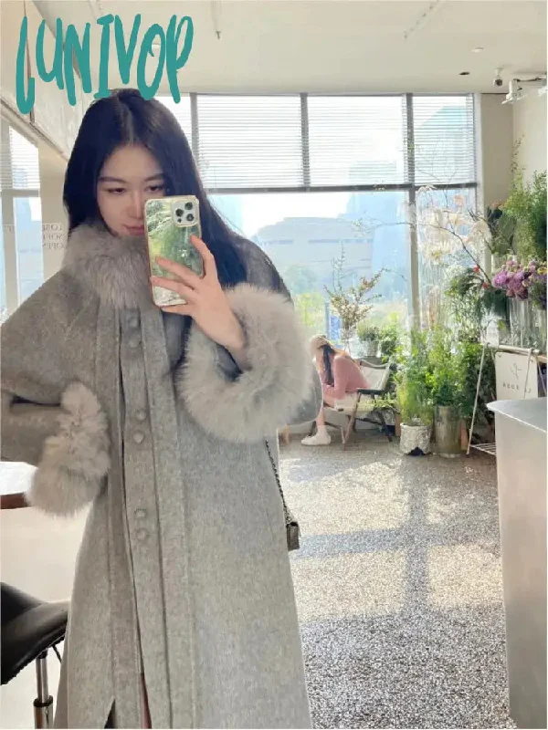 Lunivop Women Long Woolen Coat Faux Fur Collar Warm Coats  Elegant Hepburn Style New Fashion for Autumn and Winter