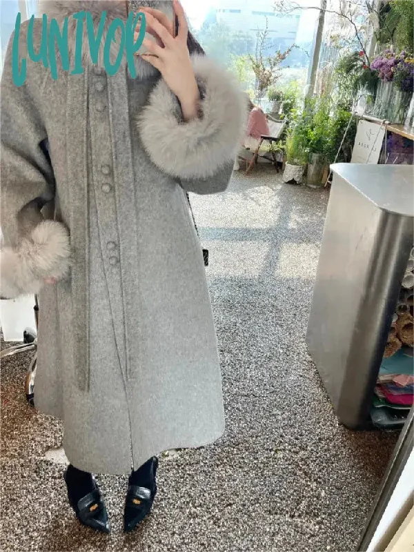 Lunivop Women Long Woolen Coat Faux Fur Collar Warm Coats  Elegant Hepburn Style New Fashion for Autumn and Winter