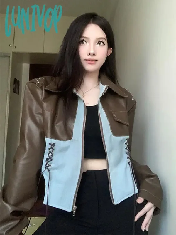 Lunivop Women Patchwork Bandage Y2k Aesthetic Cropped Coats Autumn Streetwear Punk Chaquetas Korean Contrast Color Pocket Leather Jacket