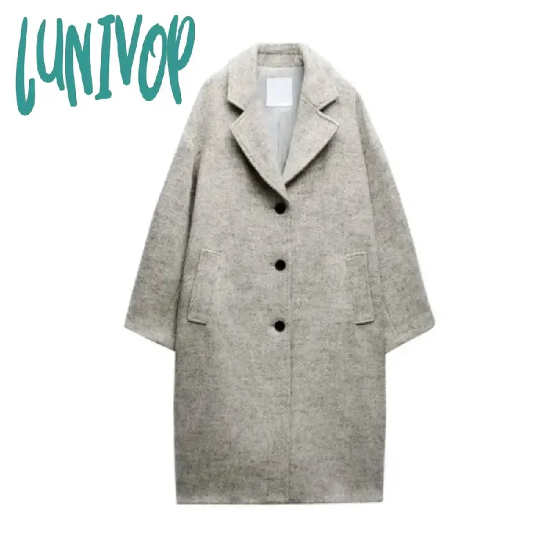 Lunivop Women's Long Herringbone Coat Fall Winter New Lapel Long Sleeves Buttoned Straps Long Overcoat Female Chic Warm Outerwear