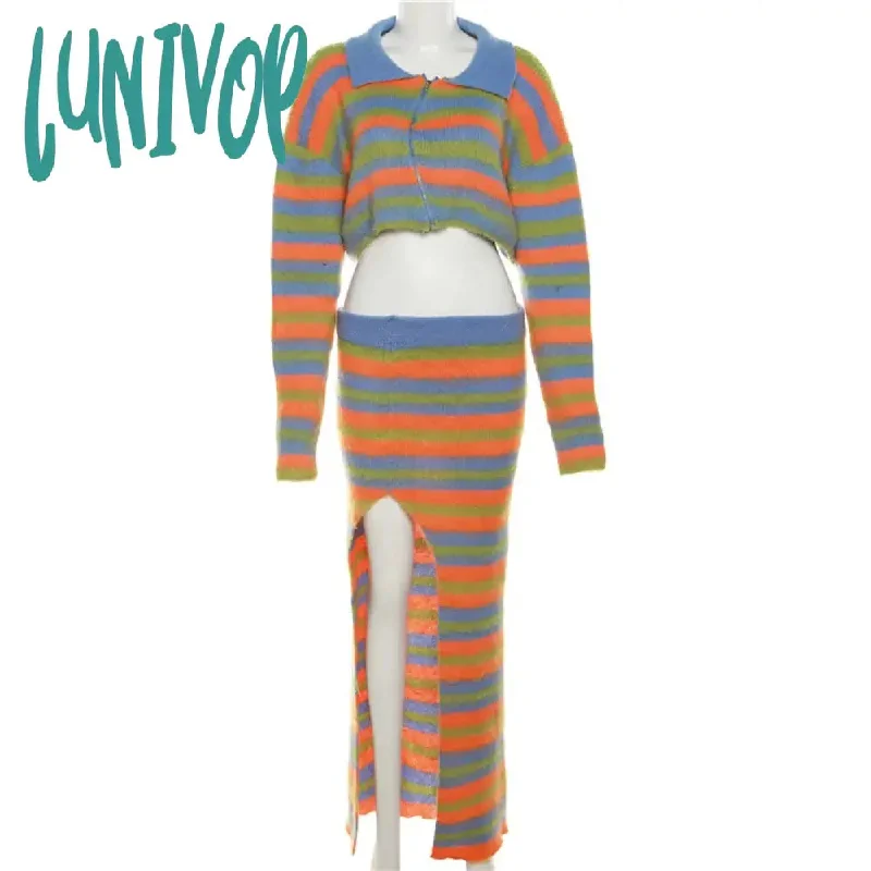 Lunivop Women's Rainbow Striped Knitted Cardigan Long Sleeve Oversized Short Sweater Mixed Color Y2K Autumn