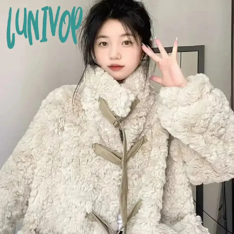 Lunivop Y2k Aesthetic All Match Korean Fluffy Women's Top Thicken Warm Vintage Casual Jacket Japanese Winter Fashion Loose Sweet Coats