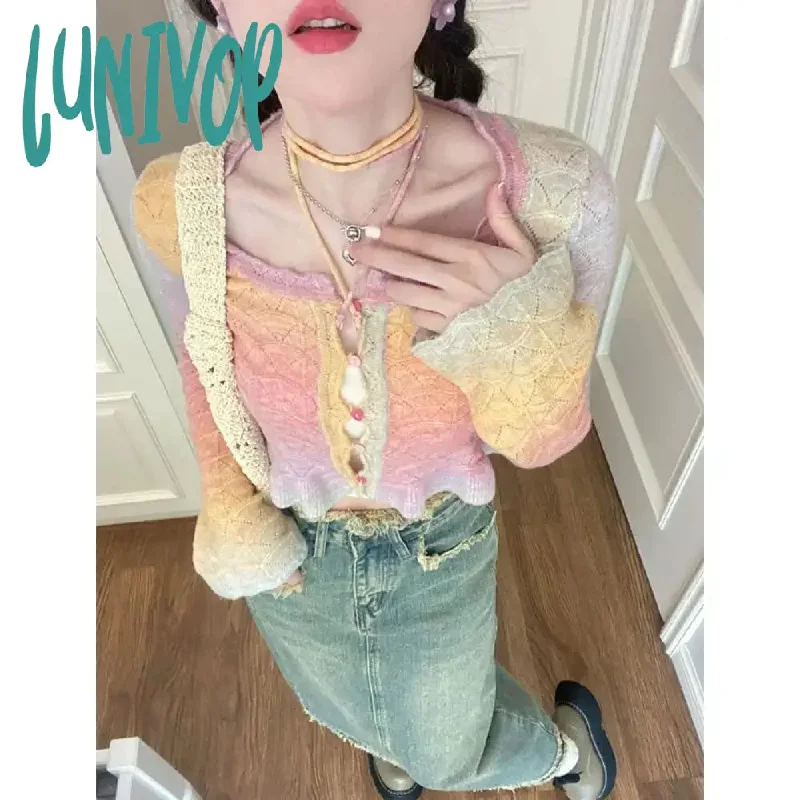 Lunivop Y2K Aesthetic Rainbow Cropped Cardigan Women Harajuku Vintage Hollow Out Knitted Sweater Korean Slim Flare Sleeve Tops