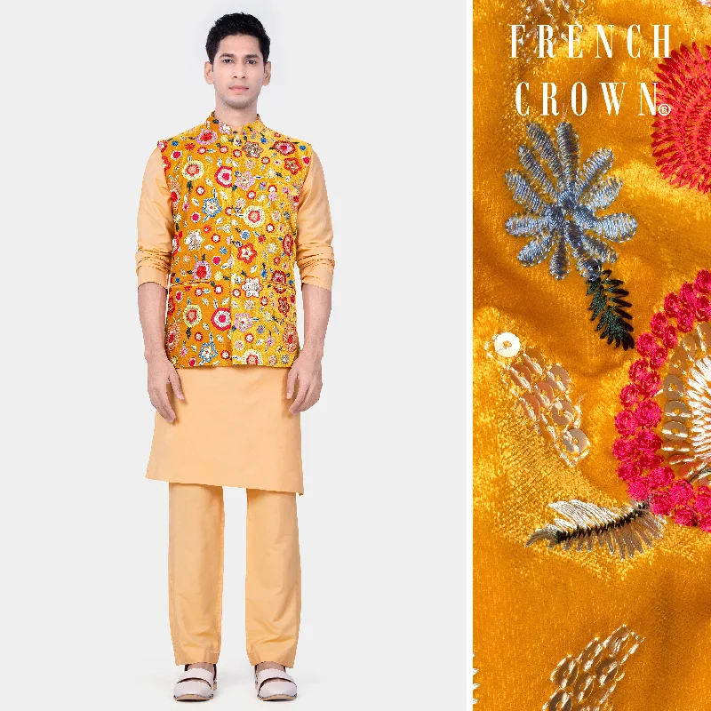 Manhattan Orange Kurta Set With Tangerine Yellow And Alizarin Red Velvet Floral Thread Embroidered Nehru Jacket