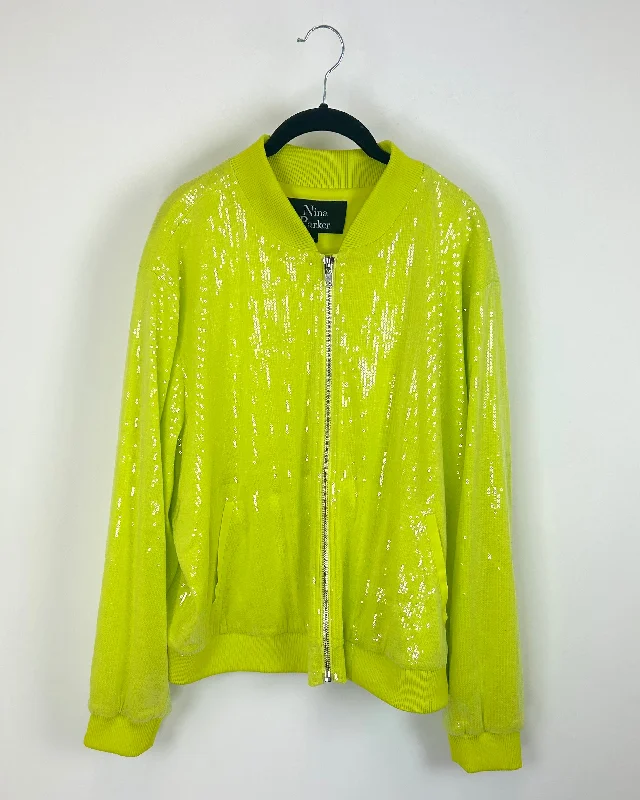 Neon Yellow Sequin Bomber Jacket - Size 20W