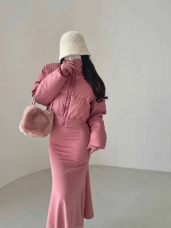 Nia Solid Color Pink Long Sleeve Turtleneck Zip-Up Cropped Puffer Jacket