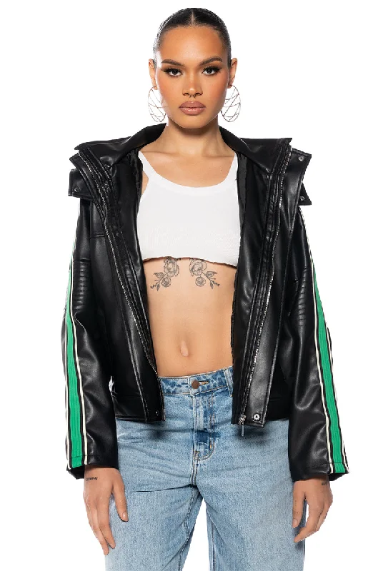 ON YOUR MARKS FAUX LEATHER HOODED JACKET