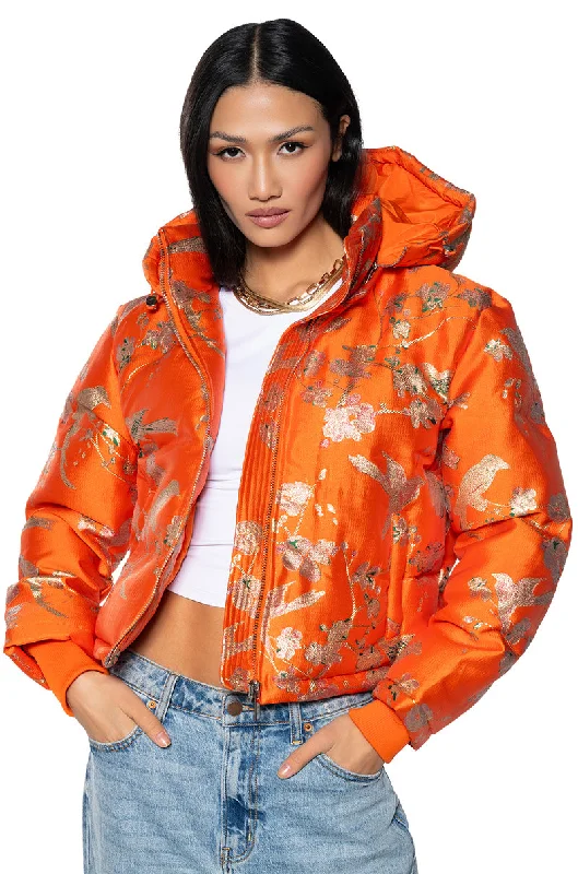 ORANGEY BROCADE PUFFER WITH REMOVEABLE HOOD