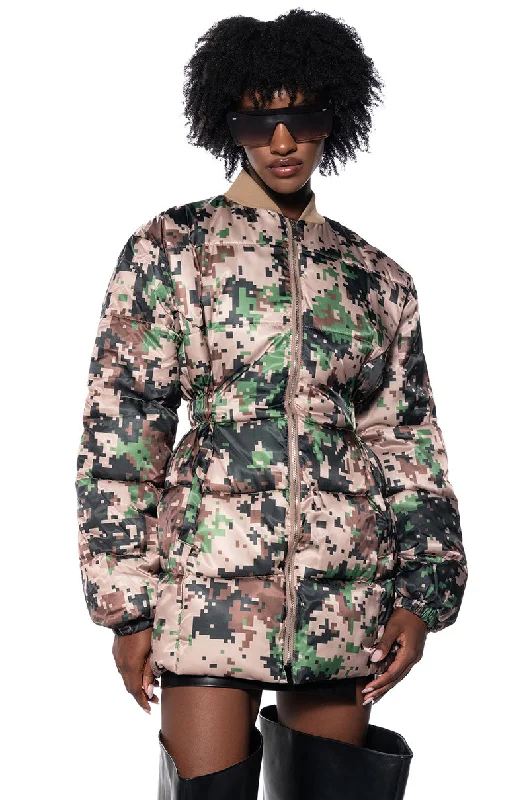 PIXIL CAMO PEPLUM PUFFER JACKET