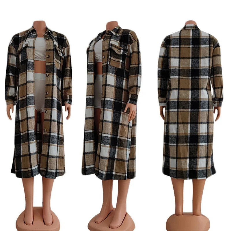 Plaid Coat Fall and Winter Lapels Long Casual Coat (CL10881)