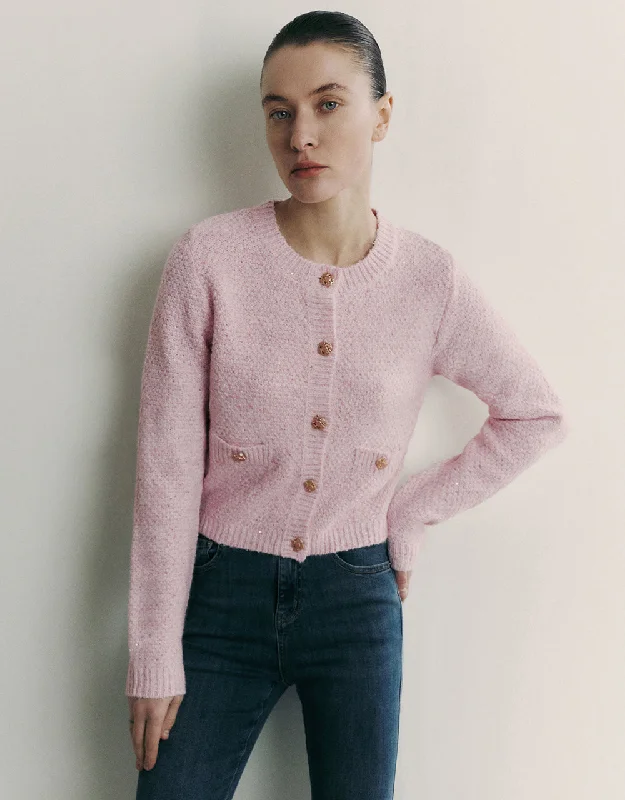 Crew Neck Knitted Cardigan With Fake Pockets