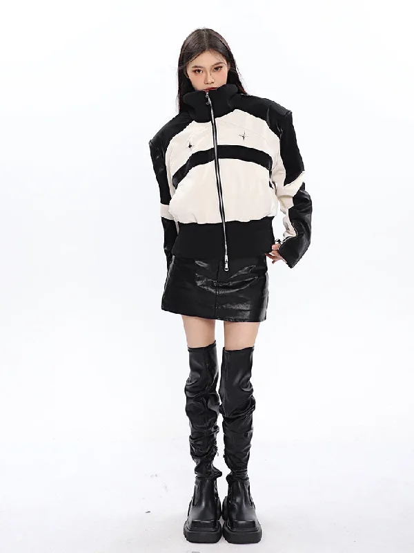 Tanya Contrast Color Zip Up Long Sleeve Turtleneck Patchwork Silver Reflective Jacket