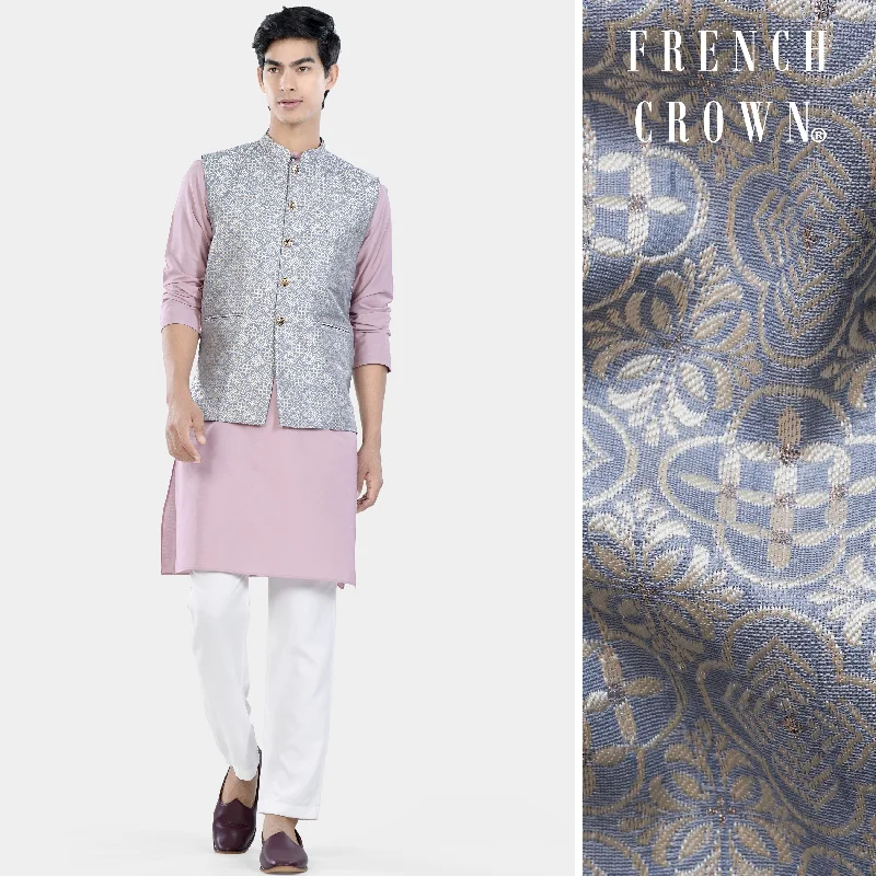 Thistle Pink Kurta Set with Cadet Blue and White Moroccan Jacquard Textured Designer Nehru Jacket