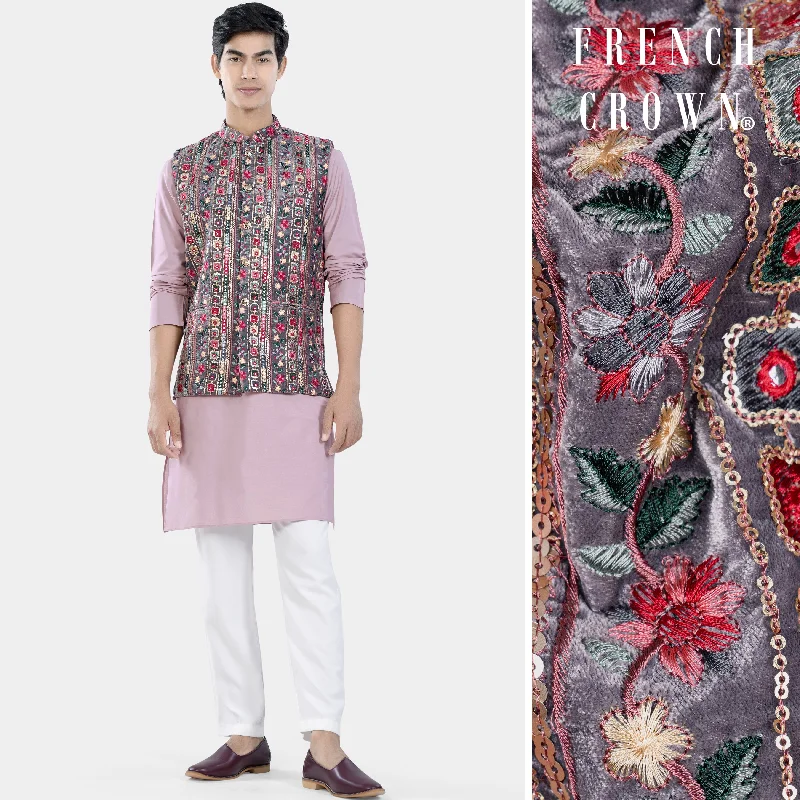 Thistle Pink Kurta Set with Fedora Gray and Carmine Pink Thread and Sequin Embroidered with Mirrorwork Designer Nehru Jacket