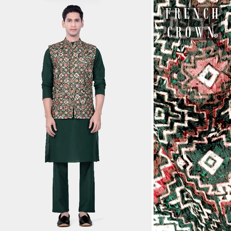 Timber Green Kurta Set With Ironside Green And Rosy Pink Multicolour Thread Embroidered Nehru Jacket