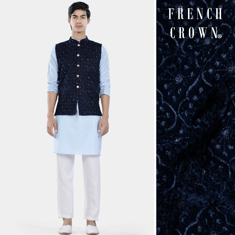 Tropical Blue Kurta Set with Haiti and Astros Blue Moroccan Thread and Sequin Embroidered Nehru Jacket