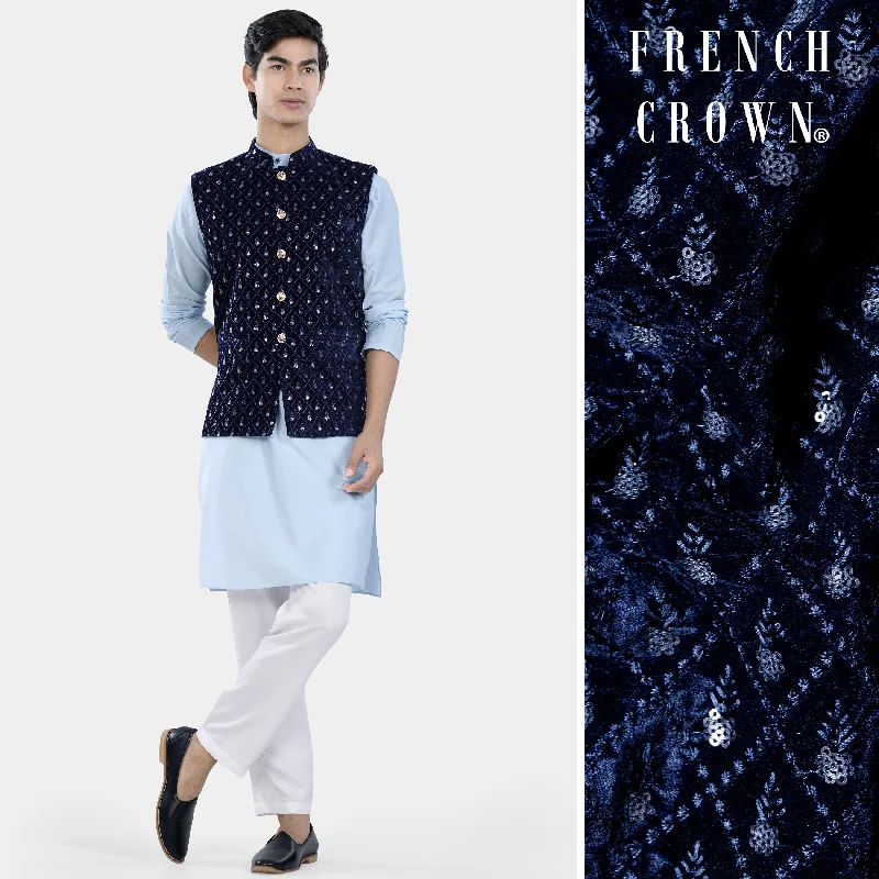 Tropical Blue Kurta Set with Haiti and Rhino Blue Geometric Thread and Sequin Embroidered Designer Nehru Jacket