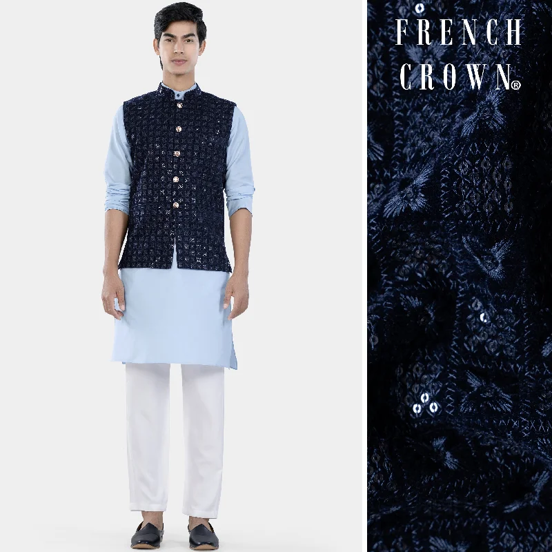 Tropical Blue Kurta Set with Midnight Blue Geometric Thread and Sequin Embroidered Designer Nehru Jacket