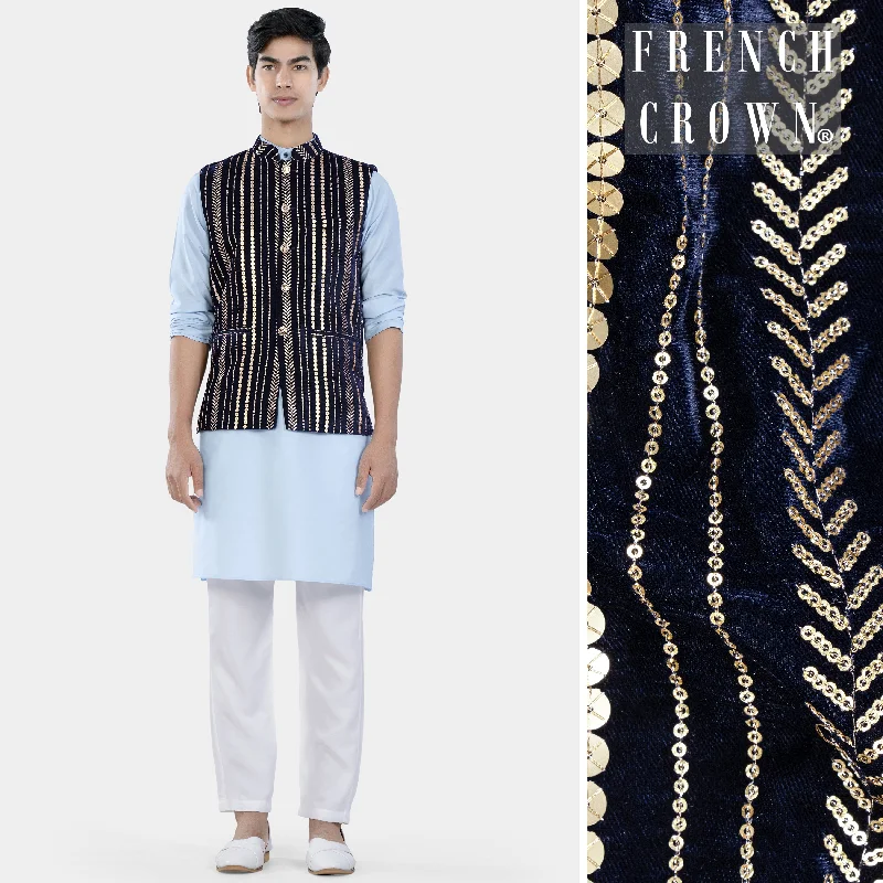 Tropical Blue Kurta Set with Stratos Blue Vertical Sequin Embroidered Designer Nehru Jacket