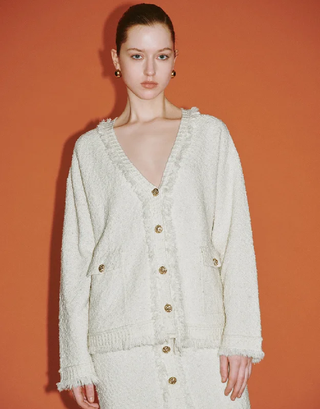 Tweed Raw Trim  V-Neck Knitted Cardigan