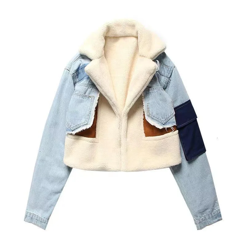 Wholesale thickened short motorcycle lamb and denim jacket （CL9537）