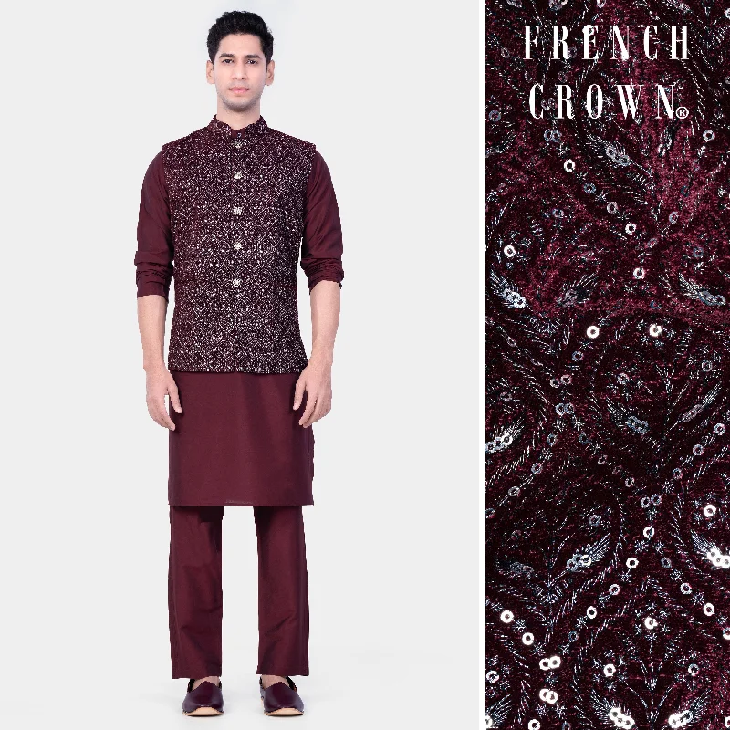 Wine Berry Kurta Set With Aubergine Maroon With Sequins And Thread Embroidered Nehru Jacket