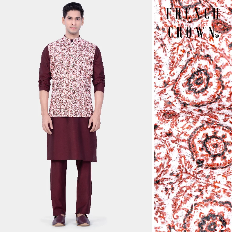 Wine Berry Kurta Set With Copper Rust Brown And Bright White Embroidered Nehru Jacket