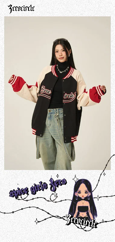 Zerocircle Letter Print Patchwork Long Sleeve Button Up Varsity Jacket